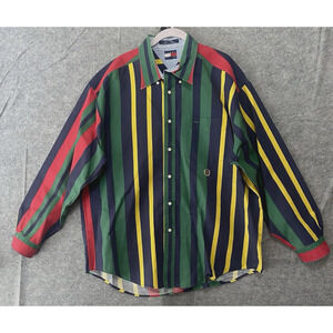 Vtg Tommy Hilfiger Colorblock Striped Shirt Mens XL‎ Crest Pocket Retro